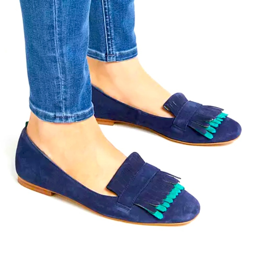 Boden Melody Fringe Loafers, Navy/Forest Suede Size Euro 38 / US 6-6.5